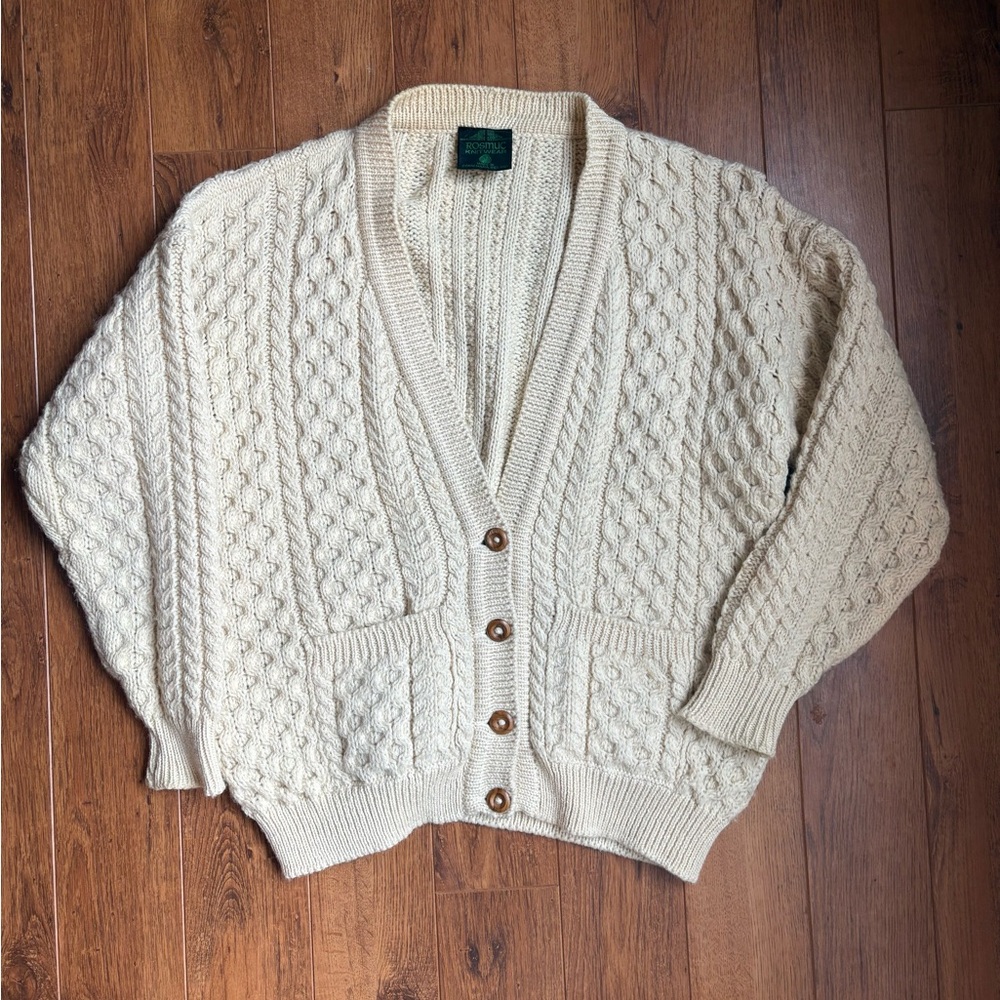 Traditional Vintage Aran Irish Fisherman Wool Cable Knit Cardigan Sweater. XL - Picture 2 of 9